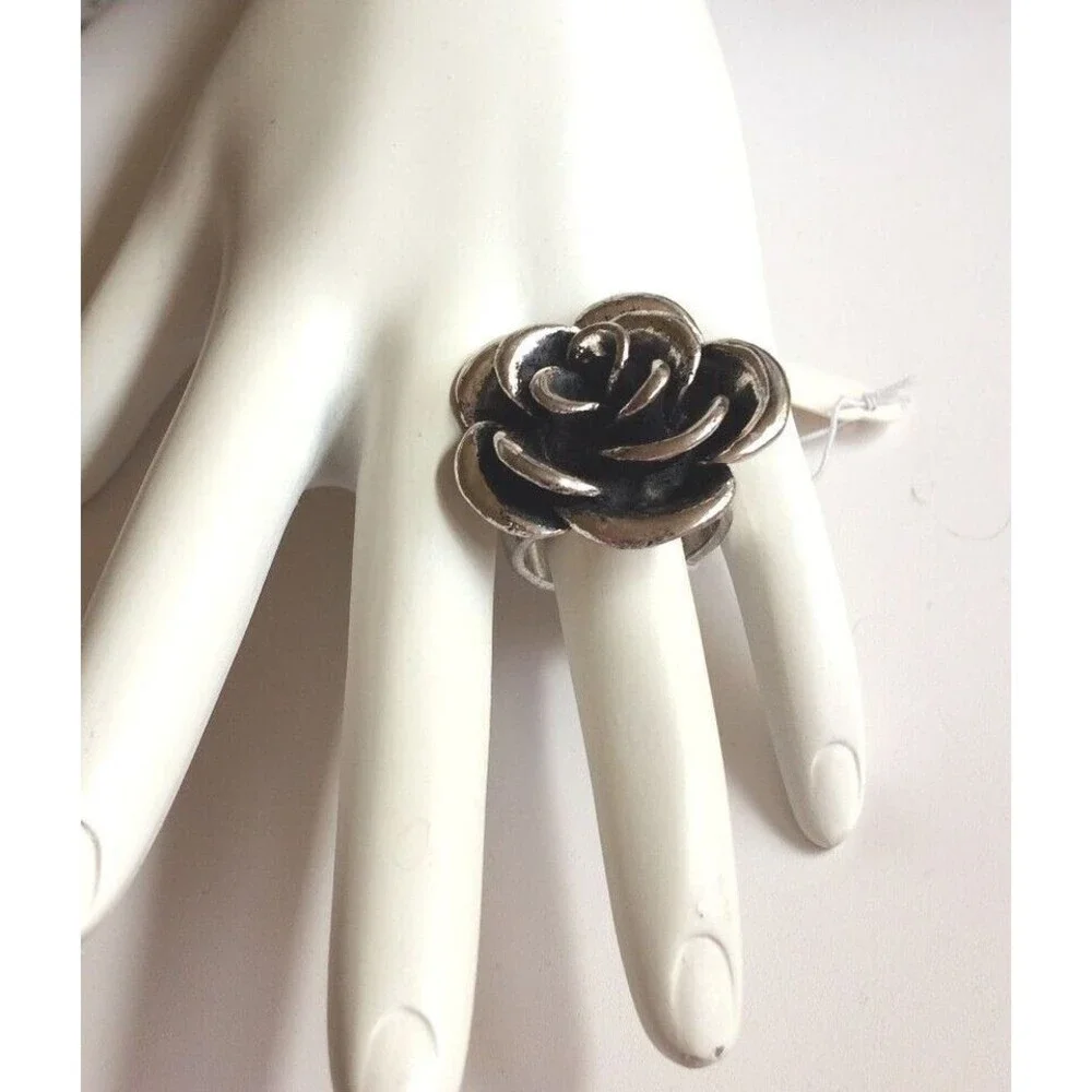 Vtg Silver Tone Rose Flower Bloom Cocktail Ring Size 6 7 8 9 Chunky Statement